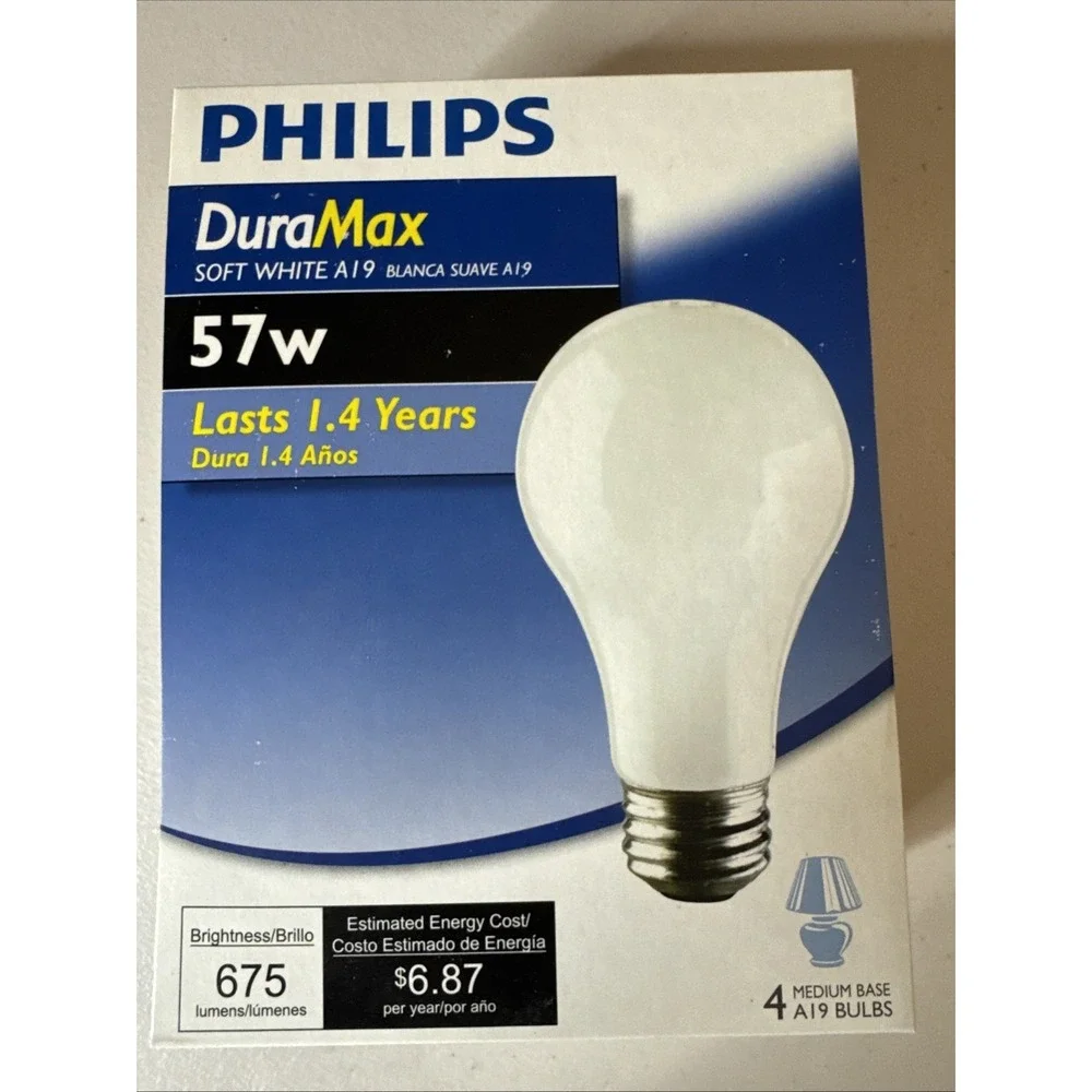 Philips DuraMax Long Life 57W Watt 675 Lumens 1 Pack/4 Bulbs Soft White A19 Base